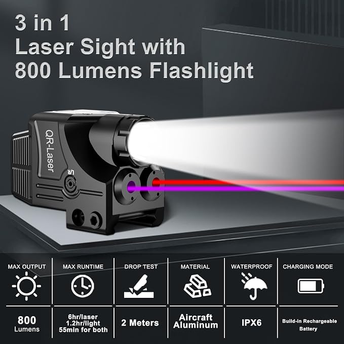 Red Green Purple Blue Laser Light Combo, 800 Lumens Tactical Flashlight Laser