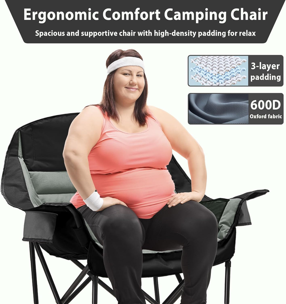 Youtanic Oversized Camping Chair - Portable Folding Design with Cup Holder & Side Pocket | Supports Up to 400lbs