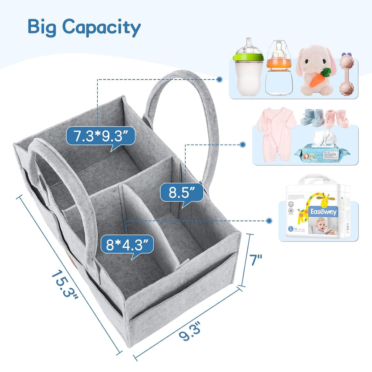 Maliton Diaper Caddy Organizer - Diaper Caddy for Baby Nursery Storage, Felt Diaper Organizer for Baby Stuff with Handle, 15" x 9" x 7" Portable Baby Basket Boy Girl Changing Table Organizer (Grey)