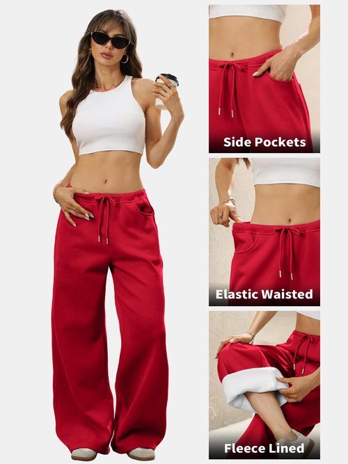 ELLEVEN Womens Wide Leg Fleece Lined Baggy Sweatpants Low Rise Elastic Waist Pockets Cotton Warm Lounge Thermal Pants Winter Fall Autumn 2026 Pants Mujer Athletic Gym Yoga Red Large