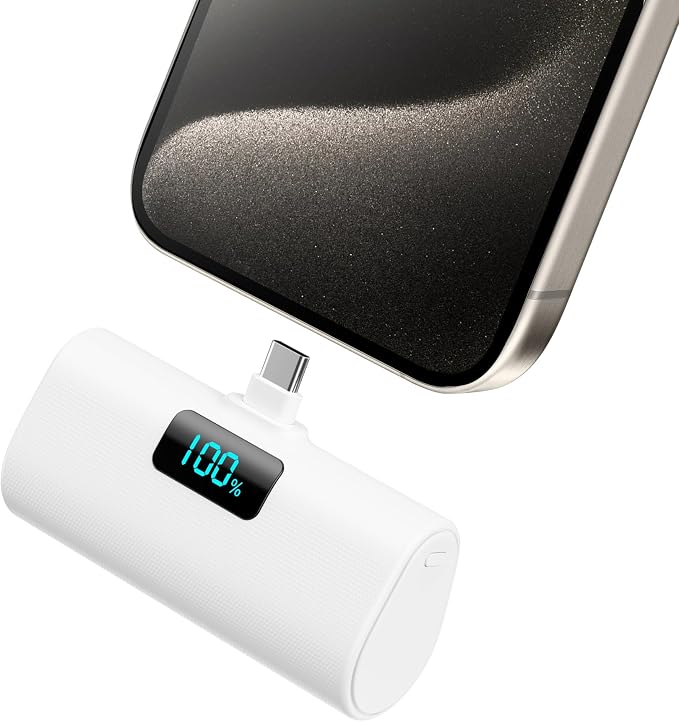 Small Portable Charger 5200mAh,Upgraded PD USB C Power Bank Built-in USB-C Connector,LCD Display Battery Pack,Compatible with iPhone 17/16/15/15 Plus/15 Pro/15 Pro Max/Galaxy Android Phone, White