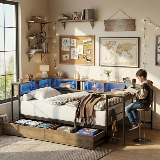 Full Corner Bed Frame with Desk and Storage Bookcase, L- Shaped Daybed with 2 Drawers, LED Lights & 2 Charging Station, Modern Metal Full Size Platform Bed for Kids/Teen Bedroom, Brown