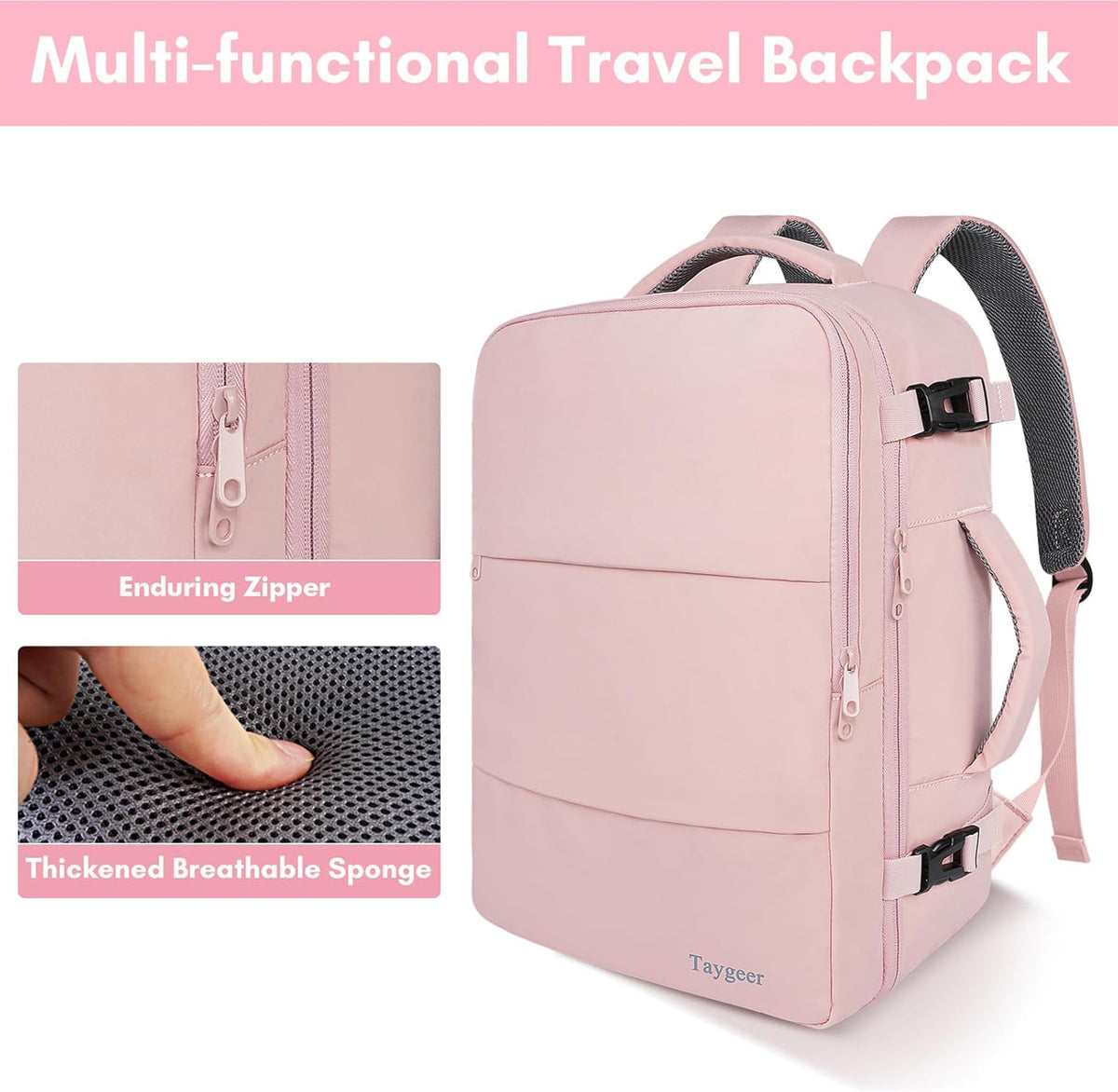 Taygeer Travel Backpack - Women’s Carry-On with Water Bottle Pocket & Shoe Pouch - 15.6" Laptop, Pink