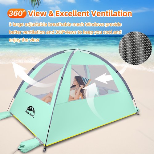 Happy Travel Beach Tent, UPF 50+ UV Protection Sun Shade Shelter for 3/4/5/6/7/8 Person, Portable Beach Canopy for Family & Baby, Lightweight & Easy Setup Beach Cabana with 3 Ventilation Mesh Windows