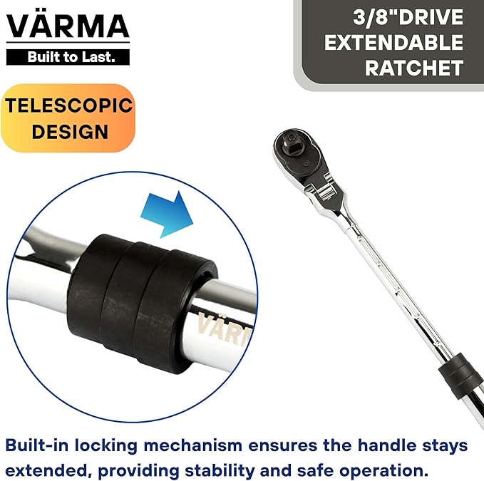 3/8" Drive Ratchet – 10–13.8" 4-Stage Extendable Handle, 90T Flex Head, Quick Release, Chrome Vanadium