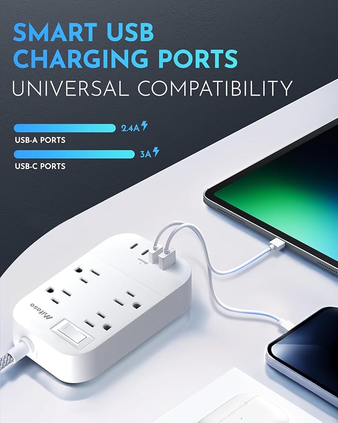 15FT Extension Cord, Flat Plug Power Strip with USB C, 4 Outlets with 4 USB Ports, Wall Mount, Overload Protection, Desk Charging Station for Office, School, Dorm Room Essentials, ETL Listed