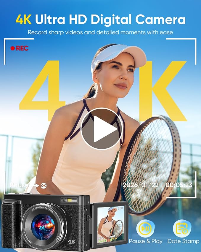 4K Digital Camera for Photography, 2026 Latest WiFi 64MP Vlogging Camera for