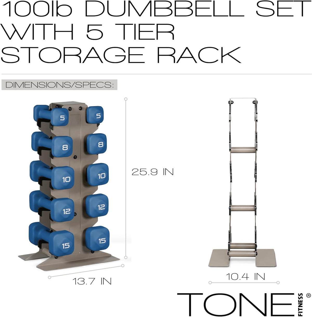 Tone Fitness Neoprene Dumbbell Set - Non-Slip, Anti-Roll Hand Weights for Home Gym | 20 lb to 100 lb Options