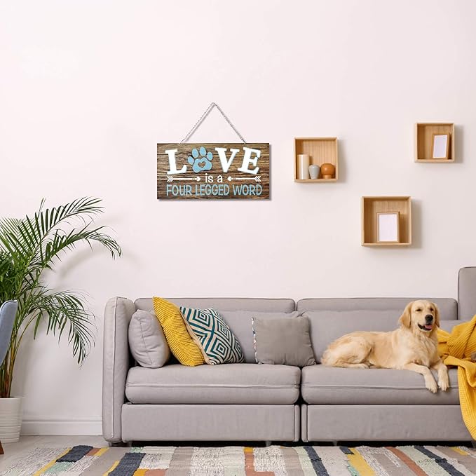 Dog Wall Decor Room Love Is a Four Legged Word Pet Paw Sign Dog Vintage Metal Hanging Decorative Signs Plaque Wall Decorative for Christmas Pet Lover Gifts Thanksgiving(12 x 6 Inch)