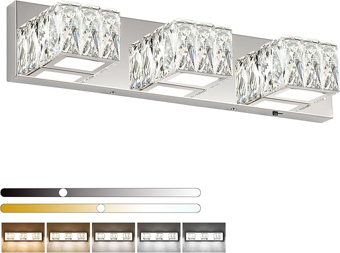 ZUZITO LED Bathroom Light Fixture - Modern 3 Light Crystal Vanity Light - Chrome Bathroom Wall Light 5CCT Dimmable