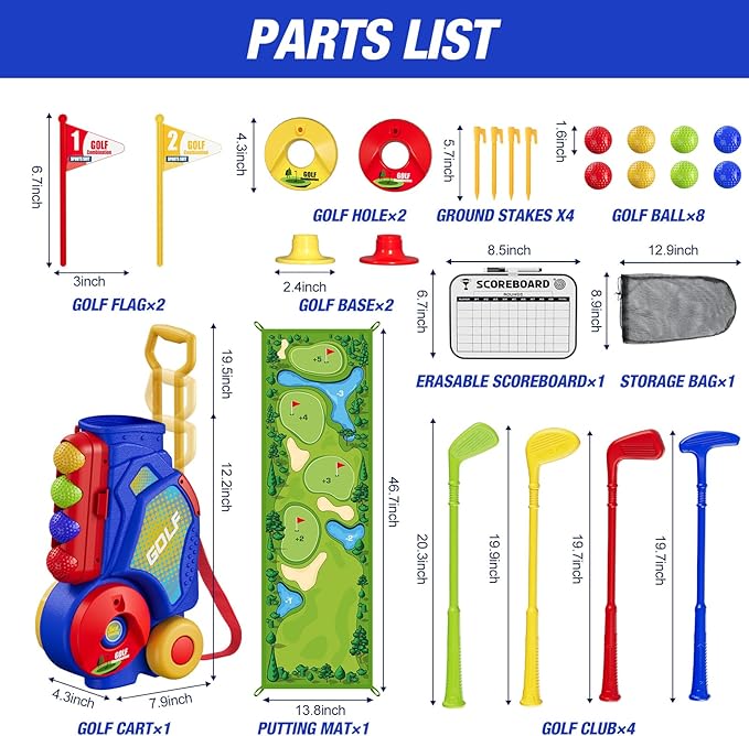 Toddler Golf Set 2-4 Years, Kids Golf Club with 8 Balls, 4 Plastic Clubs, Putting Mat, Scoreboard, Storage Bag, Indoor Outdoor Game with Golf Cart Sport Toy Gift for Baby Boys Girls Age 3-5, Blue