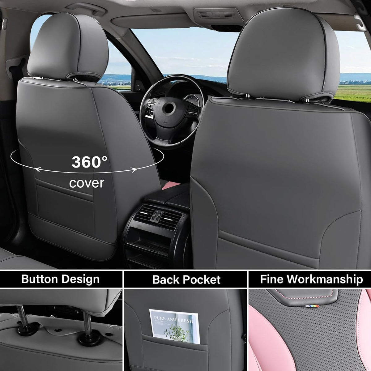 Coverado Car Seat Covers Full Set, Seat Covers for Cars, Front Seat Covers and Back Seat Cover Waterproof Leather Automotive Seat Cover, Universal Car Interior Protectors Cushion for Most Cars