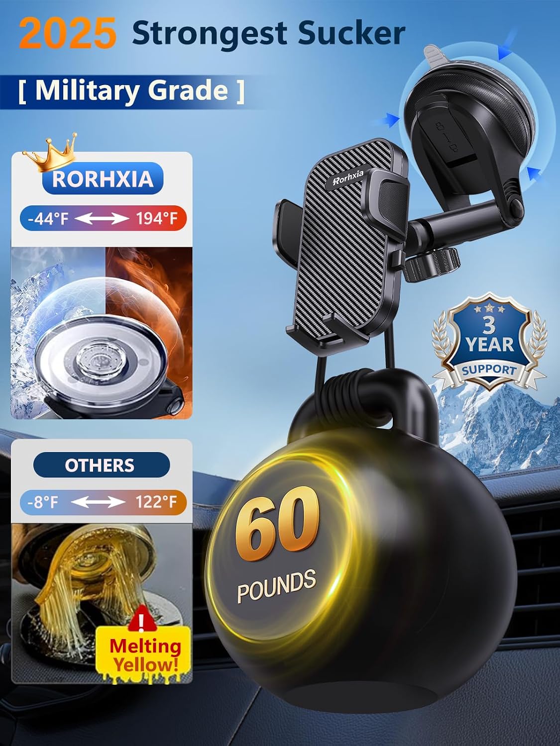 Rorhxia 3-in-1 Phone Mount for Car [2026 Most Stable and Flexible Suction Cup] Vent Dashboard Windshield Cell Phone Holder Car Fit for iPhone, Samsung, All Phone