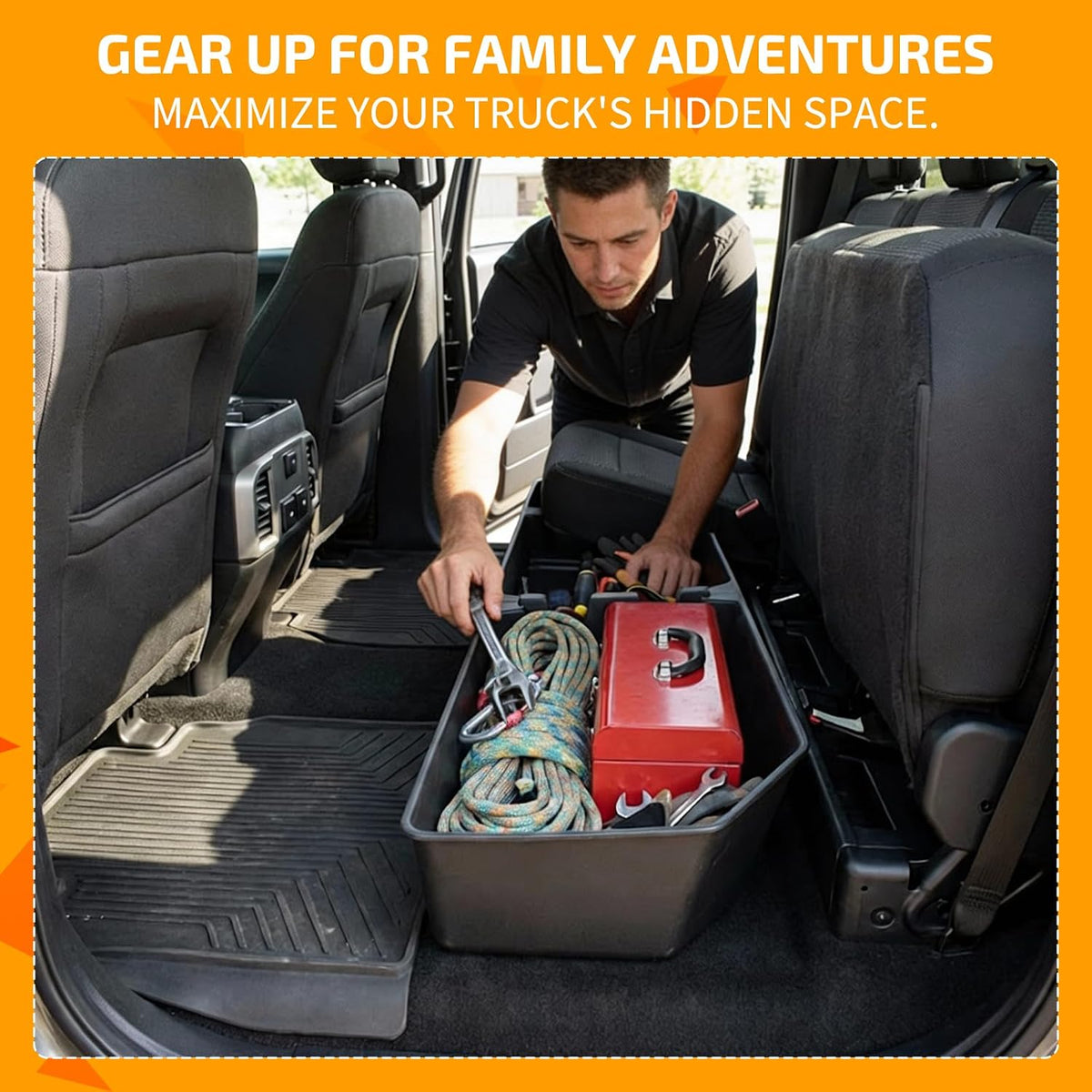 Rear Underseat Storage Box for 2015-2025 Ford F-150 &amp; 2017-2025 Ford F-250 F-350 F-450 F-550 Super Duty, Heavy-Duty Back Seat Organizer with Dividers, Non-Slip Waterproof Truck Under Seat Storage