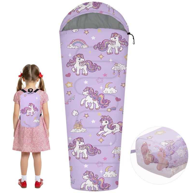 YOVOMEE Kids Sleeping Bag for Girls, 3 Season Sleeping Bag with Backpacking Bag, Warm & Cool Weather, Portable for Travel, Sleepovers, Indoor & Outdoor Camping, Machine Washable