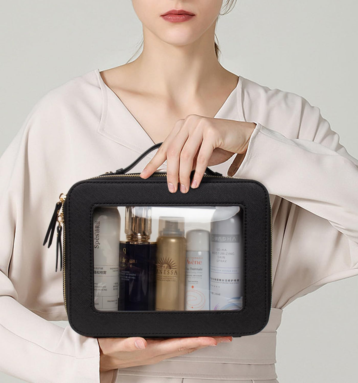LETGO Clear Mahjong Tiles Bag - TSA Approved Toiletry Bags with Zipper, Makeup Organizer for Carry-on Travel Essentials, Cosmetic Bags for Women & Men (Large Black)