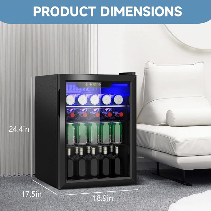 Erivess Mini Fridge 95 Can Beverage Refrigerator Cooler Glass Door for Soda | 2.6 Cu Ft Drink Fridge for Home/Bar/Office with LED Display, Digital Temperature Control, Removable Shelves for Wine, Black