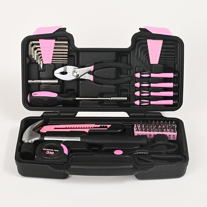 58-Piece household tool Set for home, General Household Hand Kit for home with Storage Toolbox, All Purpose Small Basic Tool kit for Women, Girls and Ladies,Pink