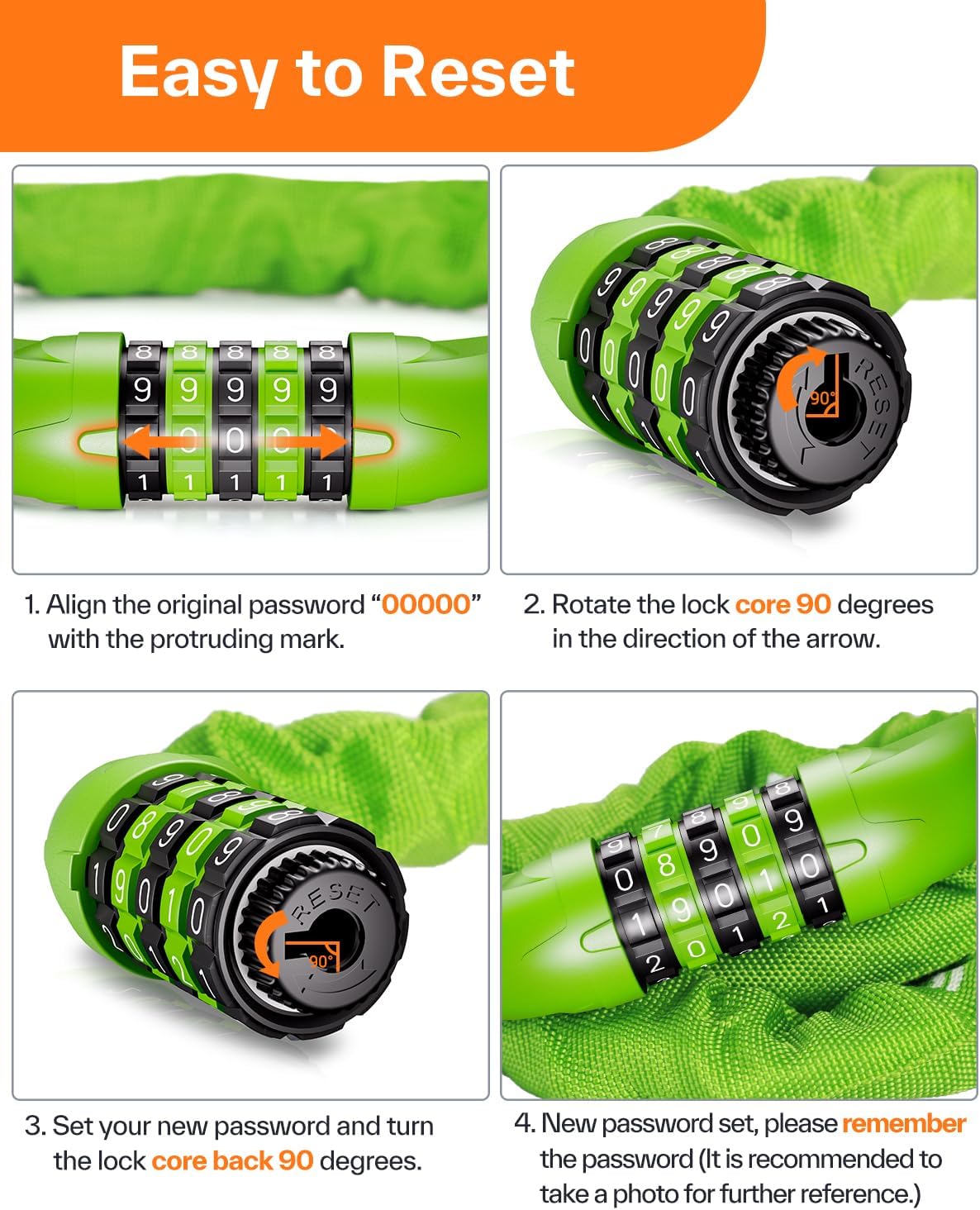 Sportneer Bike Lock - High Security 5-Digit Combination Chain Lock | Heavy Duty Keyless Design - 3.2/3.6/4ft