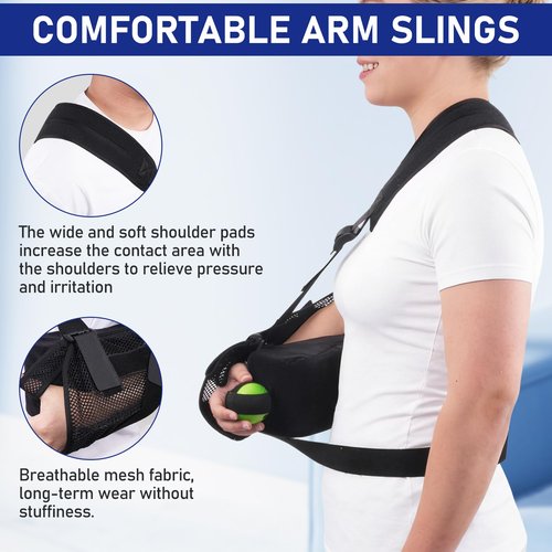 GAOUREL Comfortable arm sling Equipped with a padded sling, removable abduction pillow, training ball, and stabilization support plate to help you recover comfortably after a rotator cuff tear and arm pain.（Black-pillow)