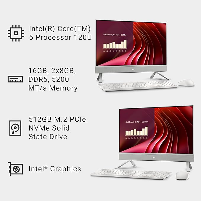 Dell 23.8" All-in-One Desktop, FHD, Intel Core 5 120U, Windows 11 Home | Intel Graphics, 512GB SSD, 16GB DDR5, Dolby Atmos Speakers, Wi‑Fi 6E, Keyboard & Mouse, EC24250
