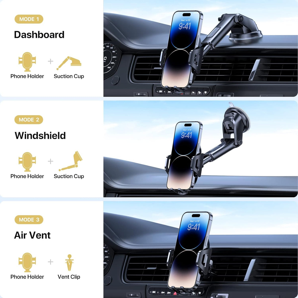 Universal Phone Mount for Car, Reliable Suction Hands-Free Car Phone Holder Mount, Automobile Cell Phone Holder Car for Dashboard Windshield Vent Fit for All Smartphones