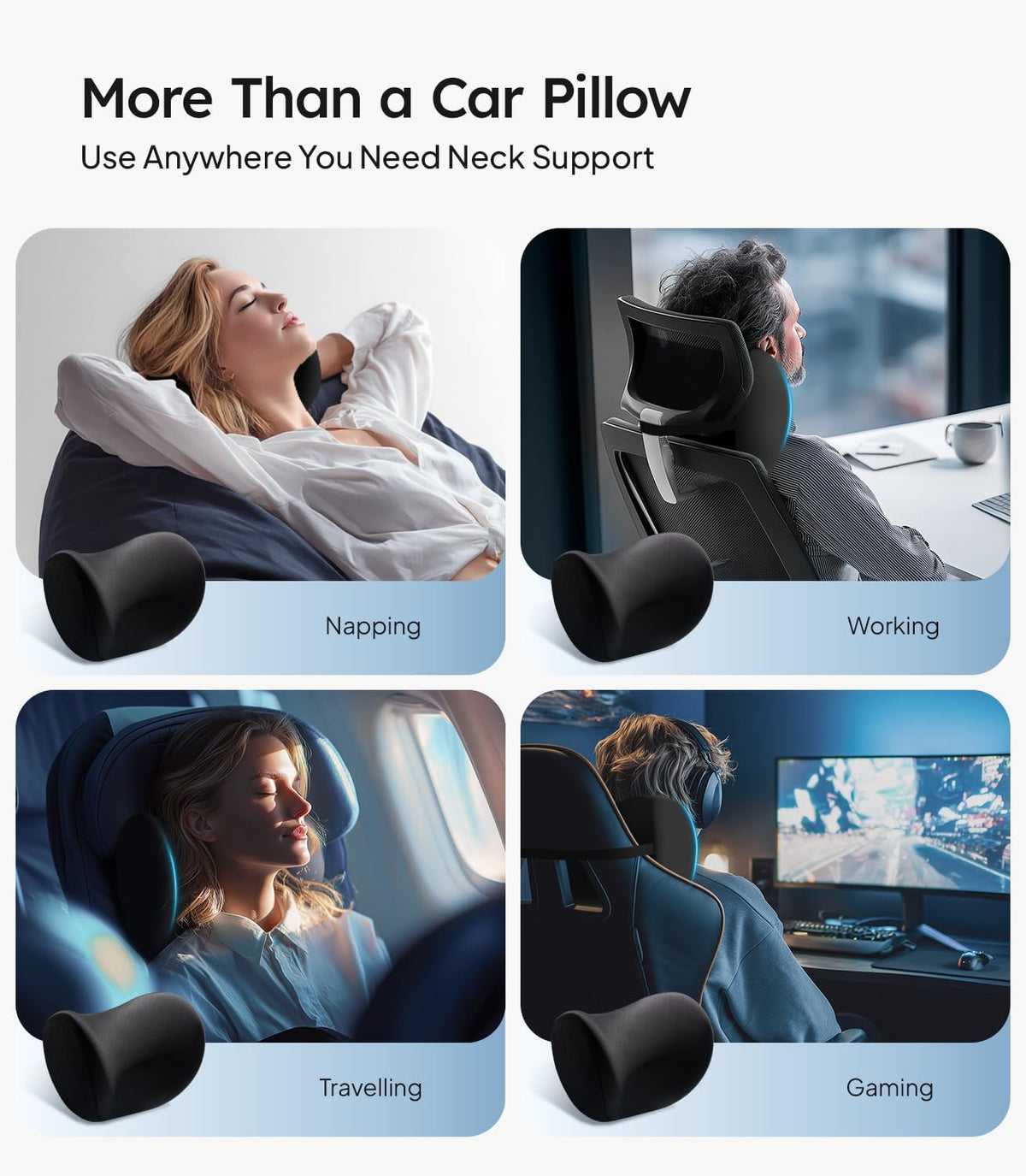 Wigoo 2025 Upgrade Car Neck Pillow [No More Pressure, Odorless] Soft Car Headrest Pillow with Adjustable Strap Removable Cover 100% Memory Foam, Fits All Vehicles (Black 2-Pack)