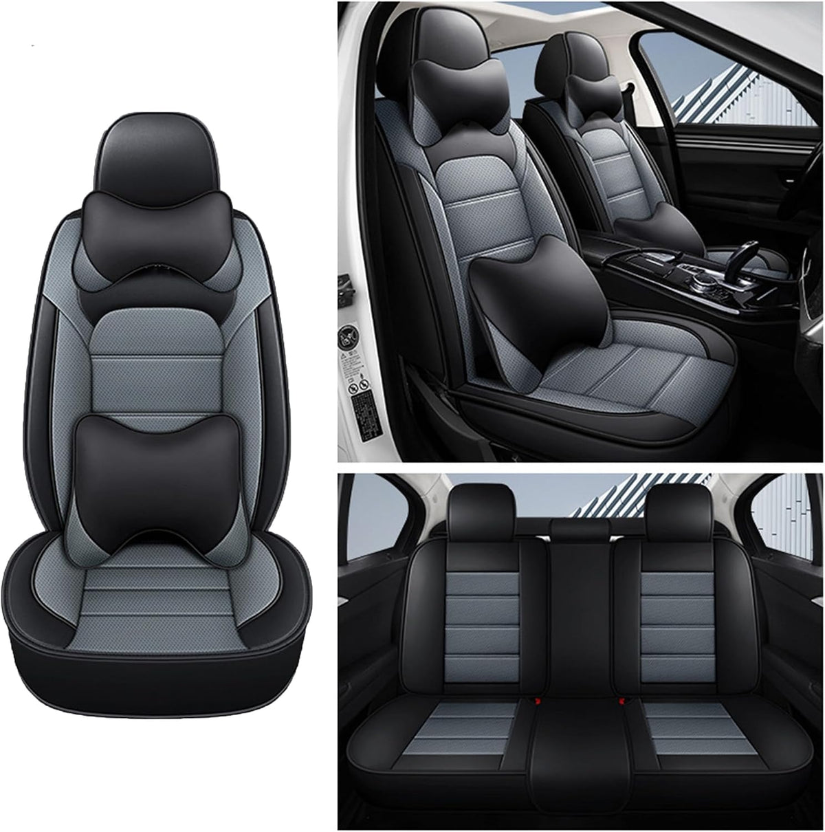 YQ FU Leather Seat Covers Black Gray Full Set w/ 2 Pillows Universal 2 Row