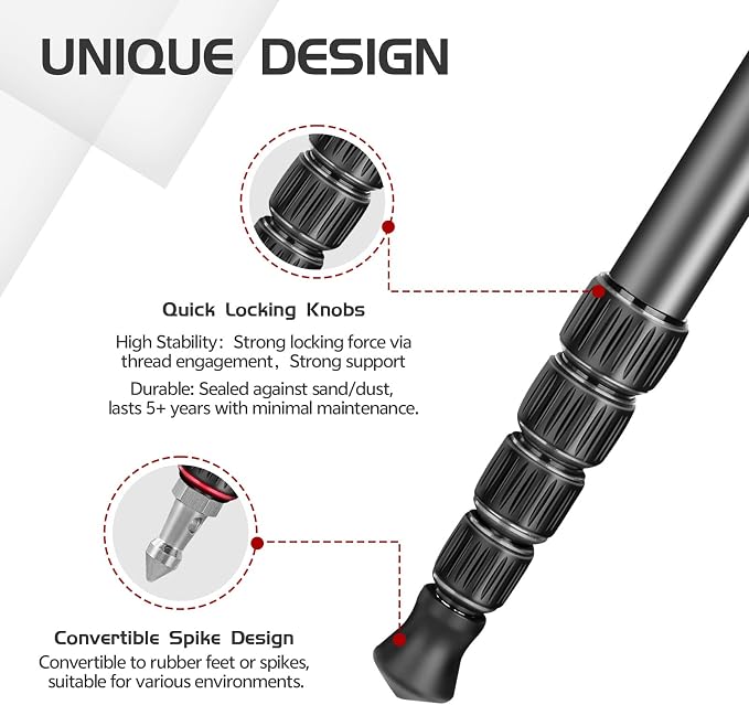 TONYBOO 61” Aluminum Camera Monopod, Lightweight & Portable, 5-Section Travel