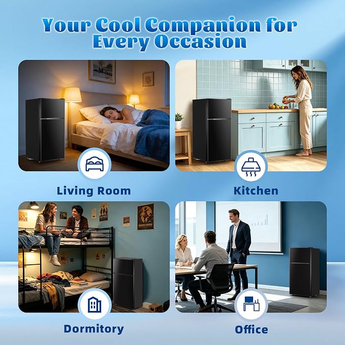 Mini Fridge with Separate Freezer Compartment Double Door Small Refrigerator with 7 Adjustable Temp Control Ideal for One Person Use & Dorm Apartment Office Black