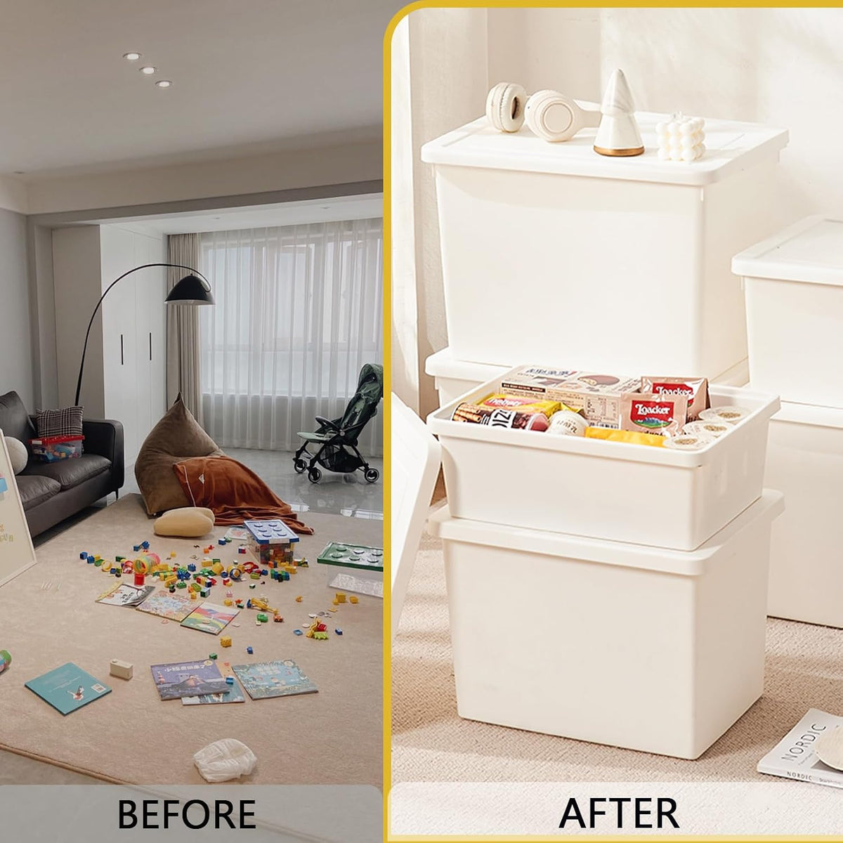 56QT+15QT high-end White multifunction storage bin with lid, Set of 8 Stackable Plastic Boxes with Handles, Office，Garage，Home, for Organizing Snacks, Crafts, Legos, Tools,books