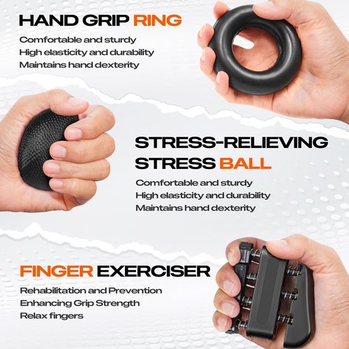 Grip Strength Trainer Kit - 10-Pack Adjustable Hand Gripper & Forearm Strengthener with Finger Stretcher, Stress Ball & Bands