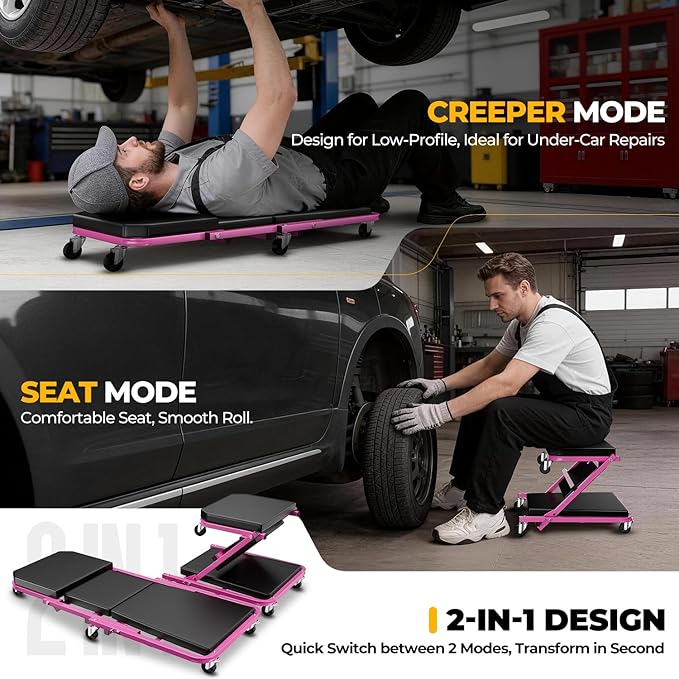 Auto Dynasty 36" Z-Creeper Seat, 2-in-1 Foldable Garage Creeper Shop Seat, 330 LBS Capacity Automotive Mechanic Repair Under Car Rolling Creeper Seat, Purple