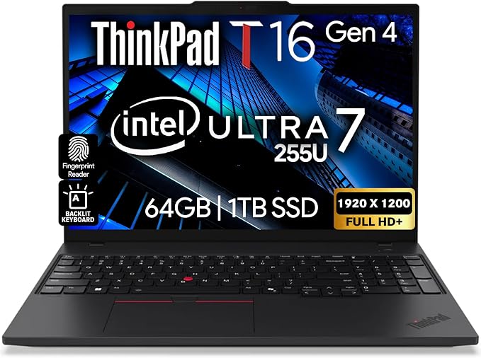 Lenovo ThinkPad T16 Gen 4 AI Business Laptop 16” FHD+ Display, Intel Ultra 7 255U (Beats i7-1355U), 64GB DDR5 RAM, 1TB SSD, 5MB Webcam, Fingerprint, Backlit KB, WiFi 6E + BT, RJ-45, HDMI, Win 11 Pro