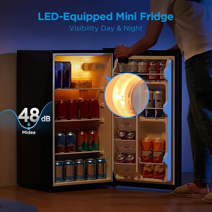 Midea 3.3 Cu.ft Compact Fridge, Energy Star Certified, Low Noise for Office | Adjustable Thermostat, Reversible Door,Ideal for Dorm, Office, Black