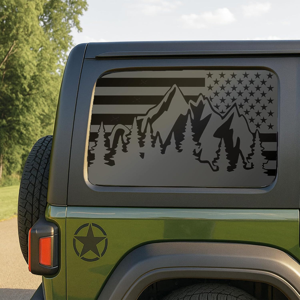 for Jeep Wrangler JL & JLU 2018-2024 Mountain American Flag Rear Window Decals, Matte Black USA Flag Vinyl Stickers 2PCS, Patriotic SUV Truck Window Graphics Exterior Accessories
