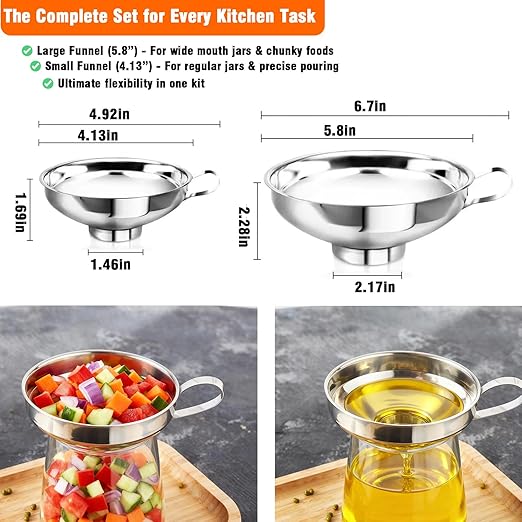 2-Pack Canning Funnels, Wide Mouth & Regular Mouth Kitchen Funnels for Mason Jars, Large & Small Funnel Set for Filling Bottles with Liquid, Oil, Dry Food - Stainless Steel