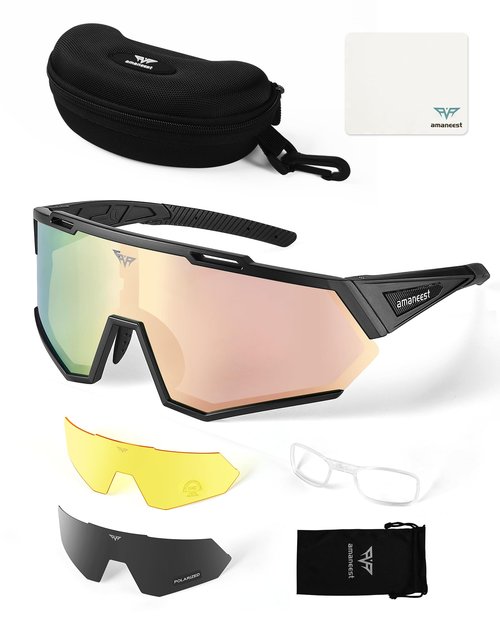 AMANEEST Safety Sunglasses for Men and Women,for Running Cycling Construction UV Protection(Rose-Gold Lens&Night Lens,Gray Polarized Lens)