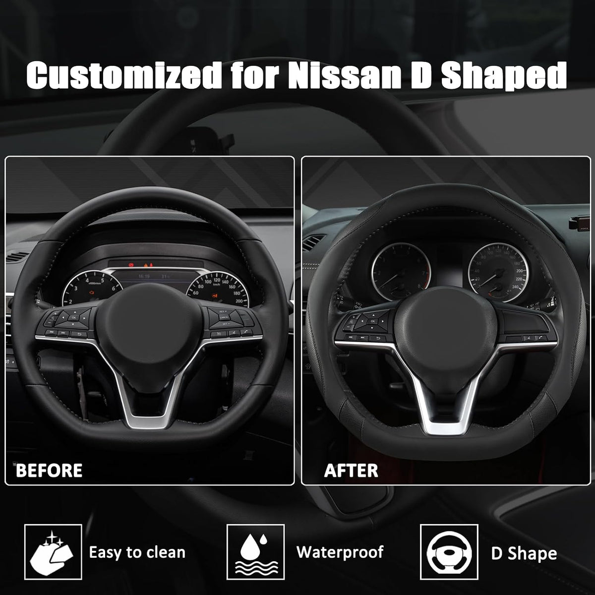 West Llama Flat Bottom Car Steering Wheel Cover for Nissan,D Shaped Steering Wheel Cover for Rogue,Altima,Kicks (Black-Standard Size)