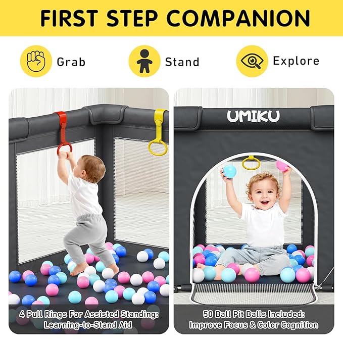 Baby Playpen Foldable Playpen for Babies and Toddlers, Large Playpens Portable Play Pen with 2 Doors Play Yard for Kids Fence Indoor Outdoor 4 Handlers 50 Balls Baby Gifts Essentials 50"X50" Dark Grey