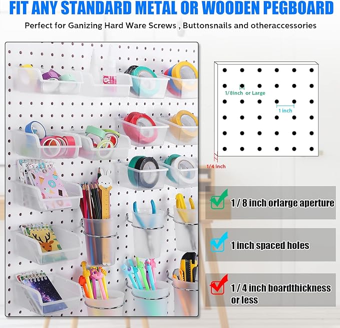 Sieral 64 Pieces Pegboard Bins Pegboard Cups with Hooks and Loops Peg Hooks Assortment Organizer Accessory for Organizing Accessories Tools Storage Office Workshop Garage Workbench (Transparent)