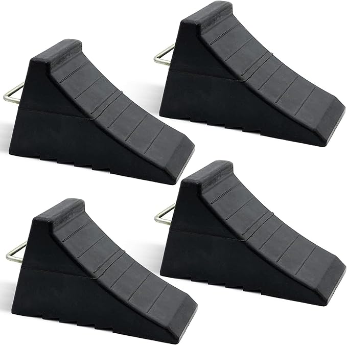 AFA Tooling - Heavy Duty Rubber Wheel Chocks w/Steel Tie Off Handles - RV Wheel Chock for Front & Back Tires - Quick Grip Ribbed Design - Great for Your Camper, Trailer, RV, Truck, Car or ATV - 4 Pack