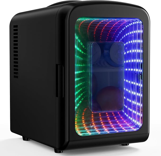 Antarctic Star Mini Compact Refrigerator with Gaming Light, 4L Capacity/6 Cans Portable Mini Fridge, for Bedroom,Car,Office and Dorm, Small Cooler for Cosmetics, Beverage and Food, Black