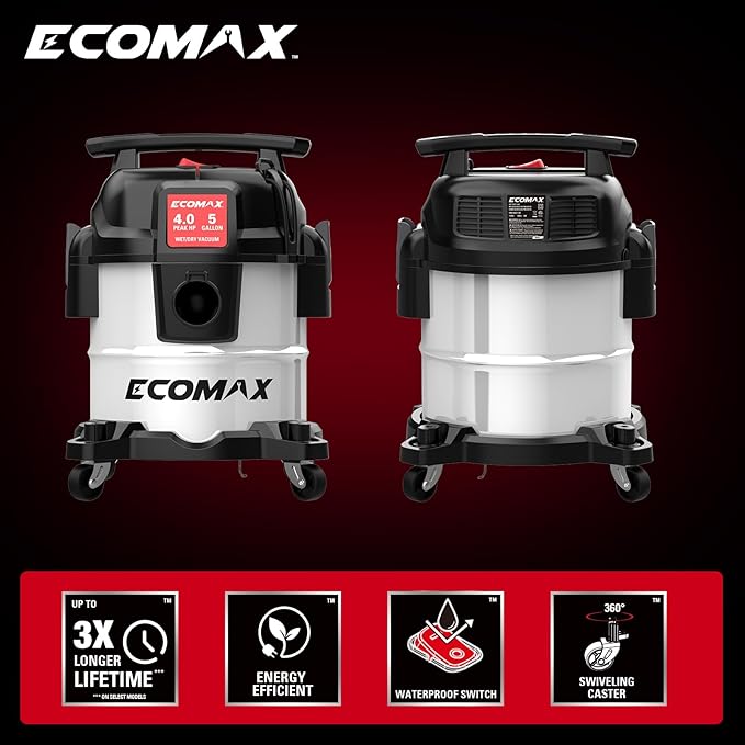 ECOMAX 5 Gallon Ultra Quiet Shop Vacuum Wet and Dry, 4 Peak HP Stainless Steel Shop Vac, Up to 80% Quieter Operation, Durable Long-Life Motor, Portable Vacuum for Garage, Workshop & Jobsite
