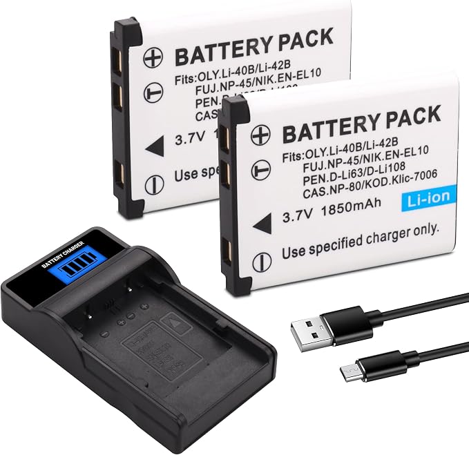 2 Pack 1850mAh NP-45 NP-45A NP-45B NP-45S Battery and LCD Charger Compatible