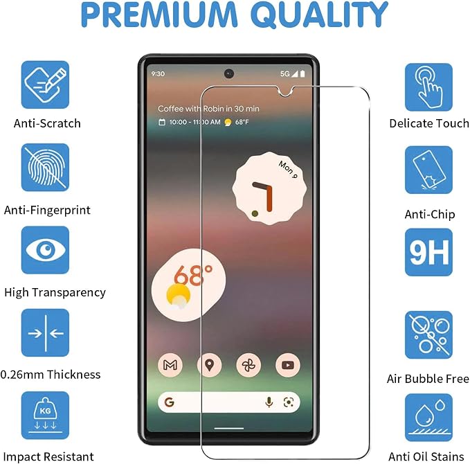 Glass Screen Protector for Google Pixel 6a 5G, 9H Tempered Glass, Fingerprint