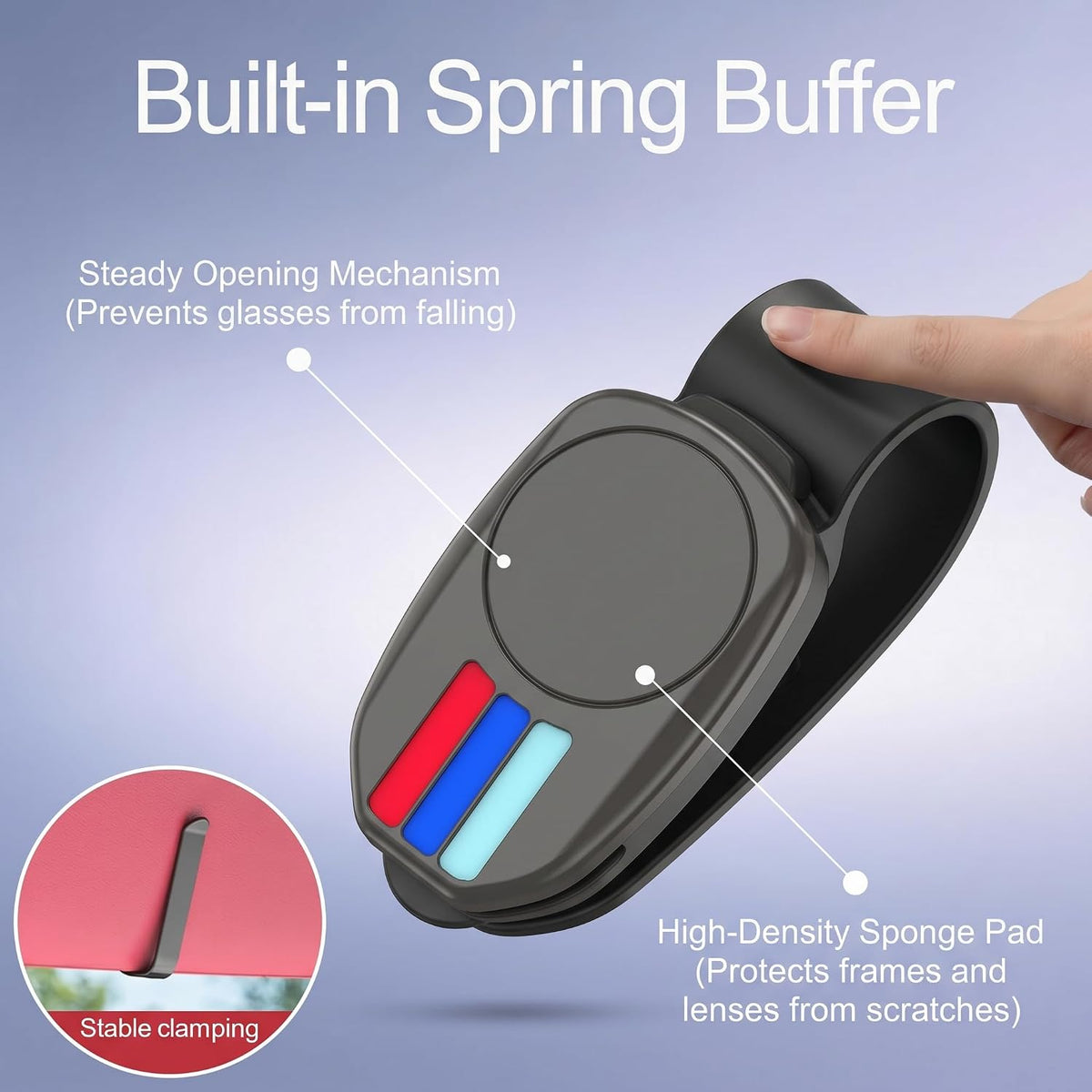 Mini Car Sun Visor Glasses Clip - One-Click Push Button Sunglasses Holder - Sporty Tri-Color Stripe Design,Universal Fit Car Enthusiasts and Drivers,Auto Interior Organizer (Black)