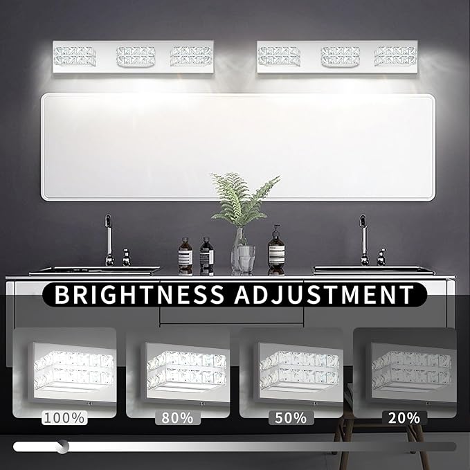 OKELI Bathroom Crystal Vanity Light Fixtures, Modern LED Vanity Light for Bathroom, 3 Lights Crystal Mirror Front Lamp, 6000K Cool White, 18W, Dia 22 Inch ETL Listed