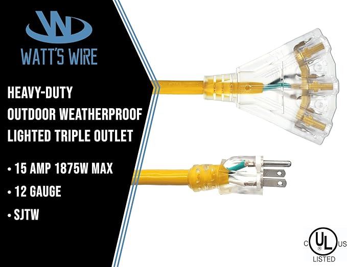 10 ft Outdoor Extension Cord Waterproof - 12 Gauge Heavy Duty Extension Cord Splitter Outdoor 10 ft - Lighted Outdoor Extension Cords with Multiple Outlets - Watts Wire - 10' Grounded