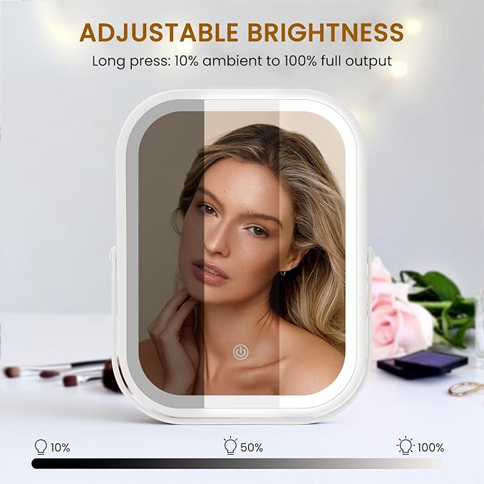 Vanity Mirror with Lights, 8"×6" LED Makeup Mirror Built-in 1500mAH Lithium Battery, 3-Color Lighting, Dimmable, Lighted Up for Makeup Desk (White)